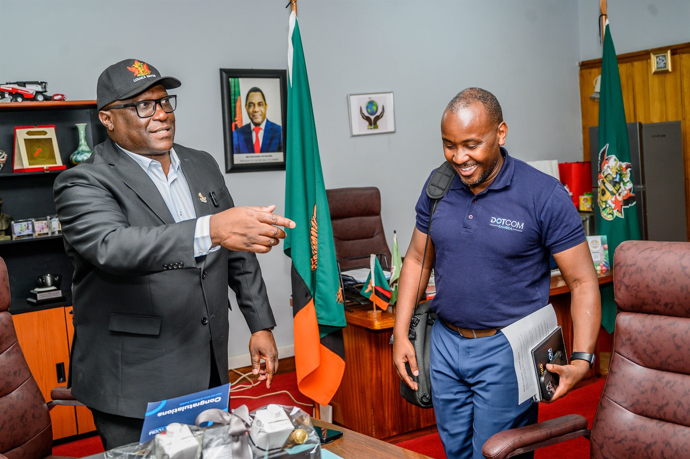Mayor Chitambala Mwewa welcoming Mawano Kambeu to his office