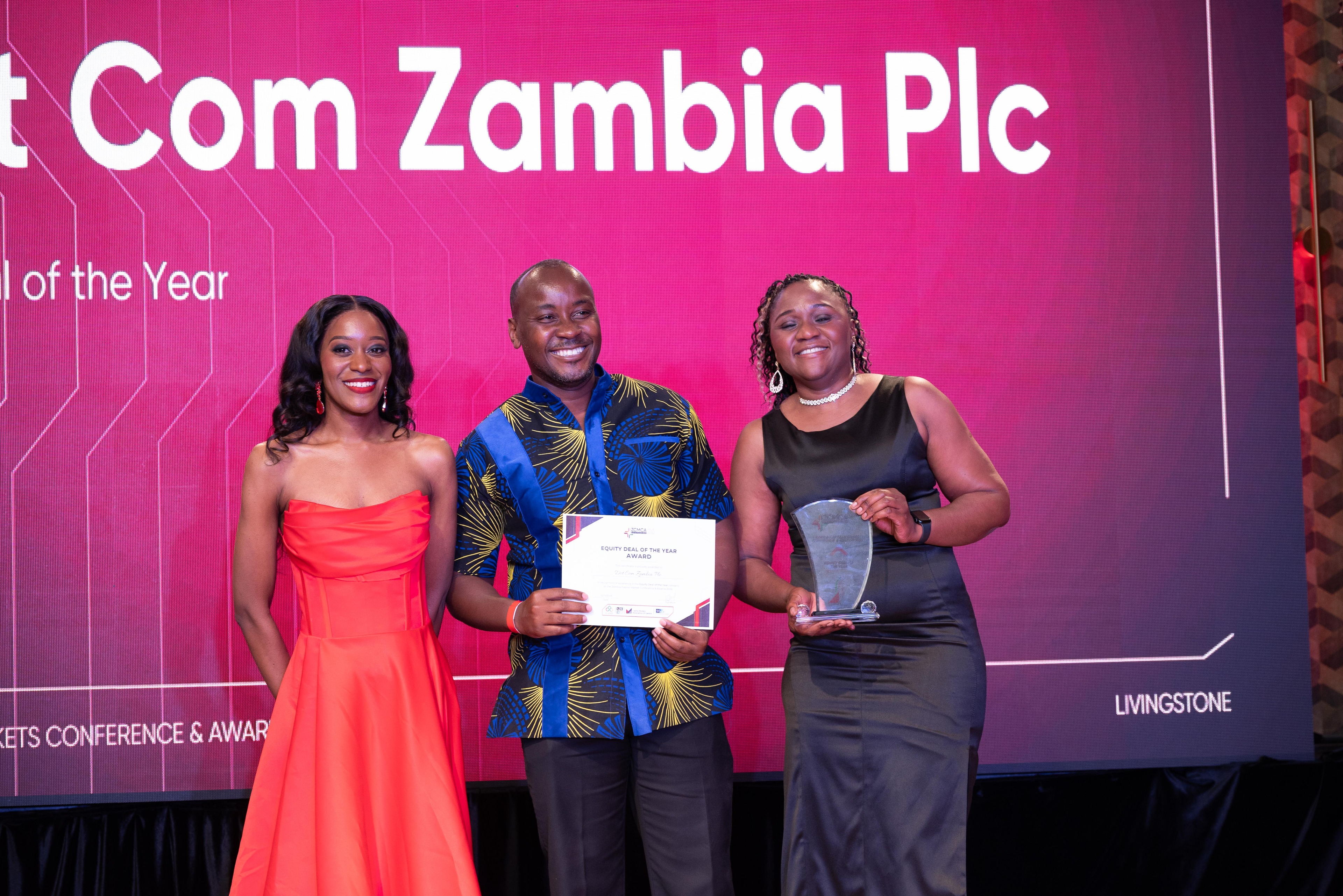 Dot Com Zambia PLC receiving the Equity Deal of the Year award at ZCMCA 2026